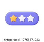 Rating bar with one yellow star and two white stars. Low rating. Customer rating feedback, rang and evaluation concept. 3d vector icon. Cartoon minimal style.