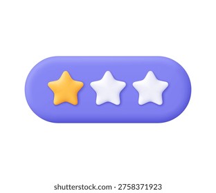 Rating bar with one yellow star and two white stars. Low rating. Customer rating feedback, rang and evaluation concept. 3d vector icon. Cartoon minimal style.