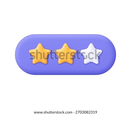 Rating bar with two yellow star and one white stars. Medium rating. Customer rating feedback, rang and evaluation concept. 3d vector icon. Cartoon minimal style.