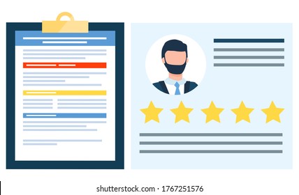 Rating of businessman vector, clipboard with information about person flat style business analysis of workers. Stars and info of man wearing formal suit, bearded director of organization illustration