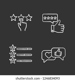 Rating chalk icons set. Review, five star, feedback scale, social media comments and likes. Isolated vector chalkboard illustrations