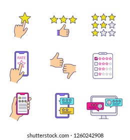 Rating color icons set. Add to favorite, customer review and feedback, app rating, like and dislike, quality survey. Isolated vector illustrations