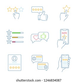 Rating color icons set. Customer feedback and review, app rating, favorite, likes and comments, scale. Isolated vector illustrations