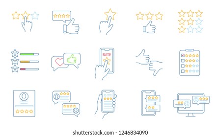 Rating color icons set. Customer feedback and reviews. Ranking. Service satisfaction. Likes and dislikes. Positive, negative reviews. Isolated vector illustrations