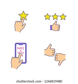 Rating color icons set. Positive feedback, app rating, dislike and like, add to favorite. Isolated vector illustrations