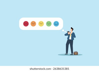Rating concept. Businessman Reflecting on Emotions with Colorful Icons Representing Different Feelings in a Minimalist Style.