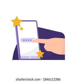rating concept, feedback, and review. hand illustration gives a review and a 5 star in the smartphone application. customer messages or comments. criticism and suggestions. flat style. design elements