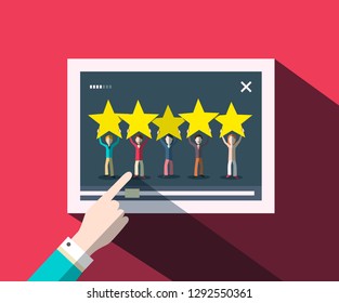 Rating Concept with Human Hand on Screen with People Holding Stars. Review Vector Symbol.