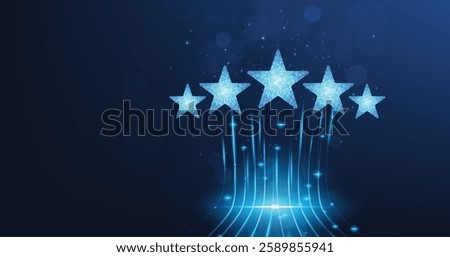 Rating concept. Wireframe five stars, low poly style. Five stars rating concept. Client satisfaction, luxury service evaluation on dark blue background.