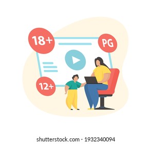 Rating content system. Cartoon characters mother and son watching video on laptop. Age restriction signs on screen. Flat vector illustration