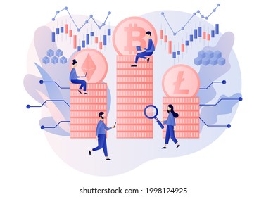 Rating Crypto currency. Bitcoin, altcoin. Digital web money. Blockchain. Fintech industry. Business, finance. Tiny people trading and investing. Modern flat cartoon style. Vector illustration