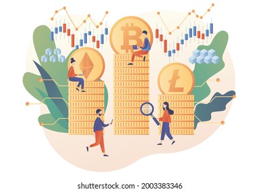 Rating Crypto currency. Tiny people trading and investing. ModernBitcoin, altcoin. Digital web money. Blockchain. Fintech industry. Business, finance.  flat cartoon style. Vector illustration