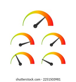 Rating customer satisfaction meter. Different emotions art design from red to green. Abstract concept graphic element of tachometer, speedometer, indicators, score. Vector stock illustration.