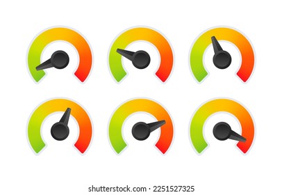 Rating customer satisfaction meter. Different emotions art design from red to green. Abstract concept graphic element of tachometer, speedometer, indicators, score. Vector stock illustration.