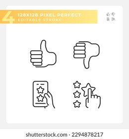 Rating of customer service pixel perfect linear icons set. Online reaction on products. Feedback on internet. Customizable thin line symbols. Isolated vector outline illustrations. Editable stroke