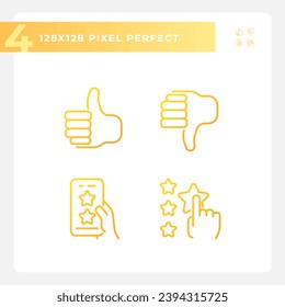 Calificación de los iconos de los vectores lineales de gradiente perfectos para píxeles de servicio al cliente. Reacción en línea sobre productos. El símbolo de contorno delgado diseña el paquete. Colección de ilustraciones de esquema aisladas