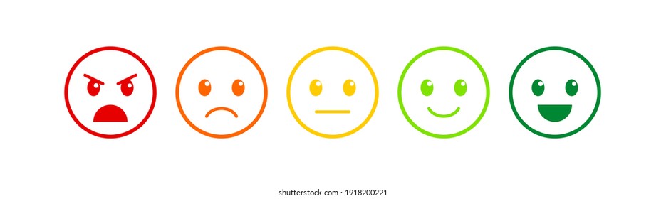 Rating of customer service satisfaction. Feedback concept. Quality control. Colored emoji from good to bad. Vector illustration isolated on white background