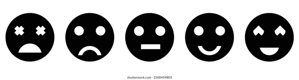 Calificación de satisfacción del Servicio al cliente. Concepto de Comentarios. Control de calidad. Emoji coloreado de bueno a malo. Ilustración vectorial.