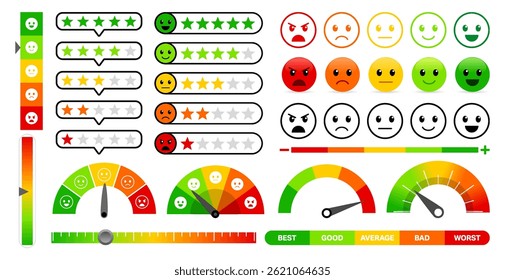 Bewertung der Kundendienstzufriedenheit. Feedback-Konzept. Qualitätskontrolle. Vektorelemente einzeln auf weißem Hintergrund