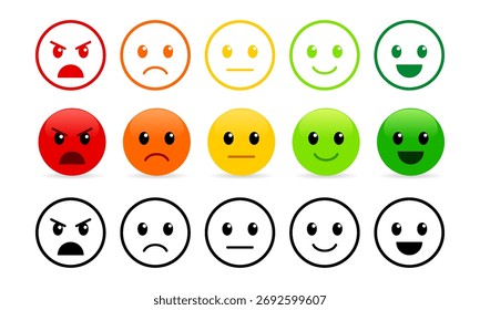 Calificación de satisfacción del Servicio al cliente. Concepto de Comentarios. Control de calidad. Emoji coloreado y negro de bueno a malo