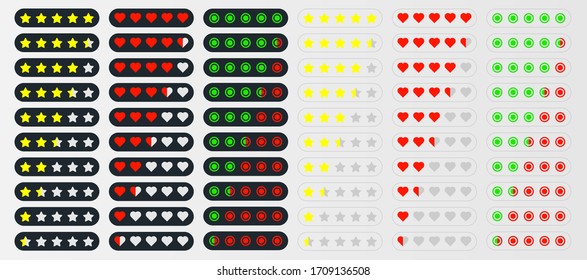 
rating in different styles. star rating. hearts rating. circles rating. Set of vector icons. feedback from visitors.
eps10