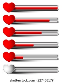 Rating elements with hearts - Liking, satisfaction, grading, dissatisfaction, bad experience, ~customer~ feedback or stamina, health points concepts #2 horizontal bar version