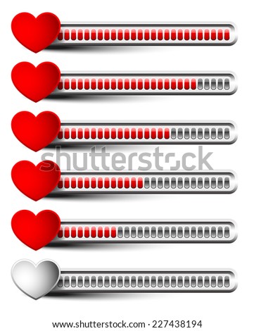 Rating elements with hearts - Liking, satisfaction, grading, dissatisfaction, bad experience, ~customer~ feedback or stamina, health points concepts #1 small bars version