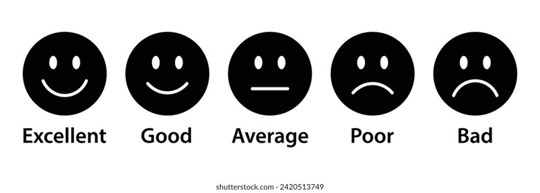 Bewertung Emoji Symbol in schwarzer Farbe gesetzt. Feedback-Emoticons-Sammlung. Hervorragende, gute, durchschnittliche, arme, schlechte Emoji-Symbole. Flaches Icon Set von Bewertungen und Feedback Emojis Symbole in schwarzer Farbe.