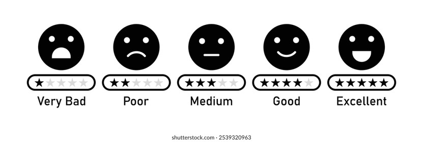 Bewertung Emoji Icon Set. Feedback Bewertung Emoji-Symbol in schwarzer Farbe gesetzt. Feedback Emoticons Emojis Symbole. Kundenzufriedenheit Bewertung Skala mit guten und schlechten Emotionen. Vektorgrafik.