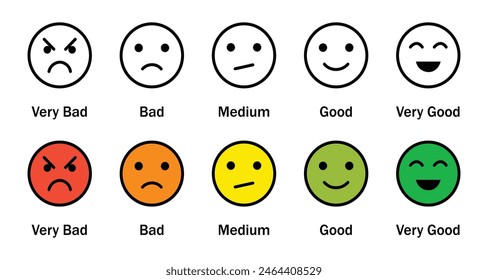 Rating emoji icon set. very bad, bad, medium, good, very good. feedback emoji icon set with different color.