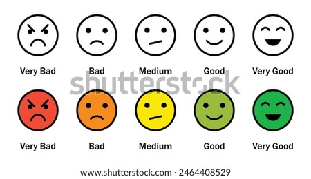 Rating emoji icon set. very bad, bad, medium, good, very good. feedback emoji icon set with different color.