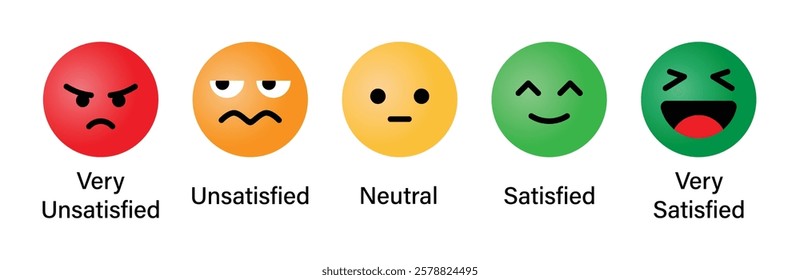 Rating emoji set in 3d style for customer feedback or product experience in different colors. Very satisfied, satisfied, neutral, unsatisfied, very unsatisfied emoji icons.