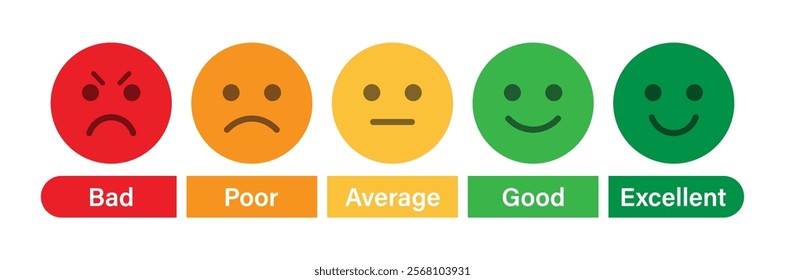 Rating emoji set with bad, poor, average, good and excellent indicator for customer feedback. Feedback vector concept. Rank, level of satisfaction rating. User experience. Review of consumer.