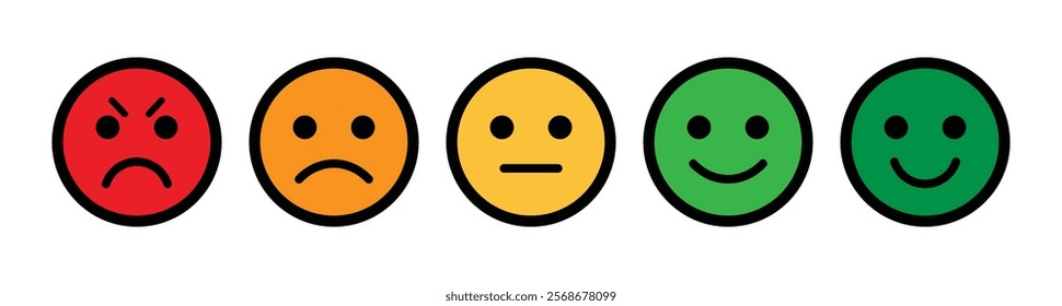 Rating emoji set with black stroke for customer feedback and product experience. Smiley rating icon set. rating emojis set in different colors and black outline. Flat icon set of rating and feedback.