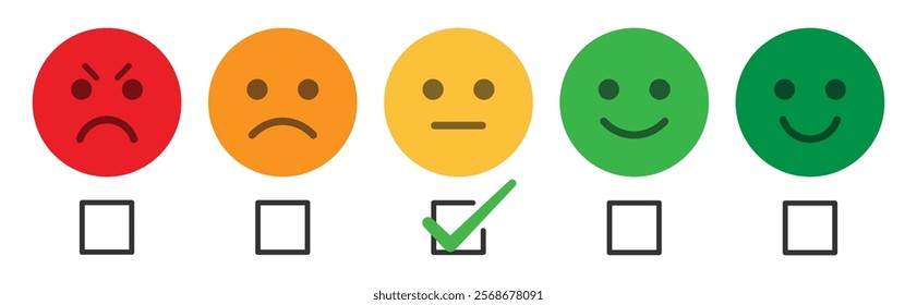 Rating emoji set with check box and tick mark for customer feedback and product experience with bad, poor, average, good and excellent text. Emoji feedback scale. Rating emoji collection. Vector icon