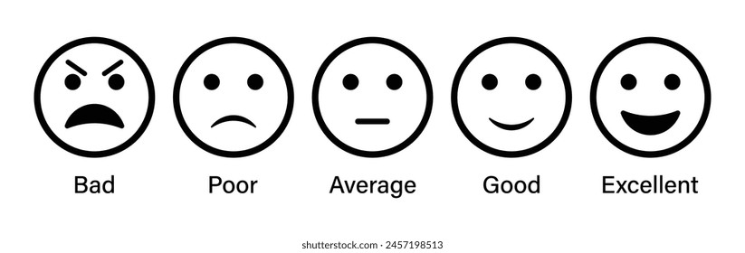Rating emoji set for customer feedback or product experience with bad poor average good and excellent text in black color