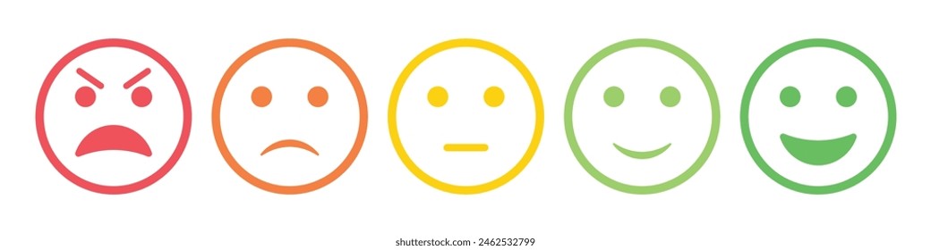 Conjunto de emoticonos de clasificación para Comentarios Cliente o experiencia de producto en estilo de trazos de colores. Emojis excelentes, buenos, neutrales, malos y muy malos. Conjunto de iconos planos de emoticonos de clasificación.