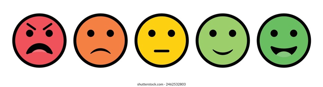 Rating emoji set for customer feedback or product experience in colorful style with strokes.