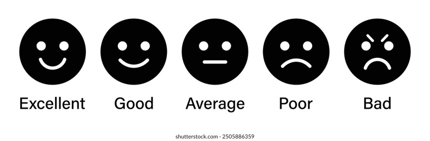 Rating emoji set for customer feedback or product experience in black and white color. Five-star rating emoji icon set. Emoji feedback scale. Rating emoji collection. Vector illustration.