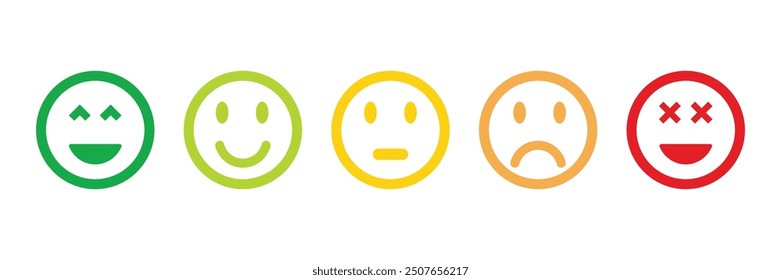 rating emoji set in different colors outline, feedback emoticons collection. Emoji, happy,bad, vector illustration.