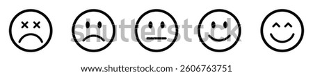 Rating emoji set. Feedback emoticons collection. Feedback and rating emoji set. Very happy, happy, neutral, sad and very sad emojis icon set. Emoji, feedback, rating emoji, rating. vector.