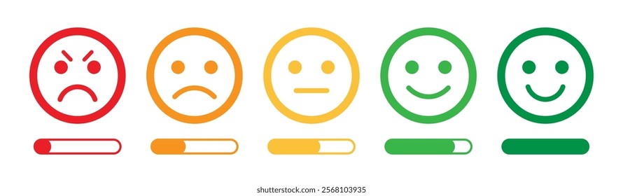 Rating emoji set with progress bar bad to good feeling indicator for customer feedback in stroke style. Feedback or rating scale with smiley icon set.