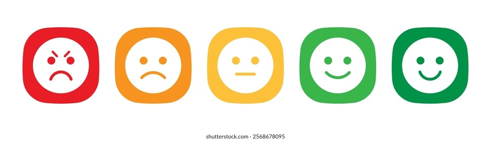 Rating emoji set in square for customer feedback and product experience. Feedback emoticons collection. Bad, poor, average, good and excellent emojis. Flat icon set of rating and feedback emojis icons