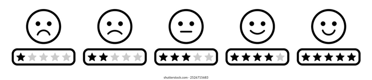 Rating emoji set with stars for customer feedback and product experience in black and white color. Star rating emoji icon set. Emoji feedback scale with stars line icon. Rating emoji vector set.