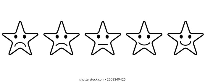 Rating emoji set with stars. Customer feedback. five star rating emoji icon set. emoji feedback scale with star. rating emoji, icon, vector, rating, feedback, vector.