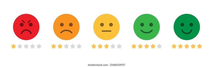 Rating emoji with star rating good to bad customer feedback indicator vector image. Star rating emoji icon set. Emoji feedback scale with stars line. Rating emoji vector collection.