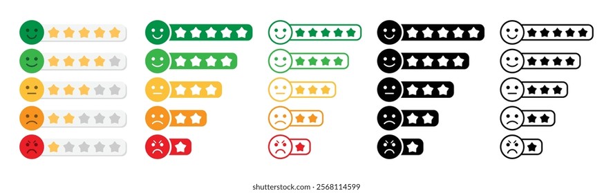 Rating emoji with star set in different styles for customer experience feedback vector. Set of rating emoji with stars isolated. Star rating for a product review. Set of rating emoji vector.