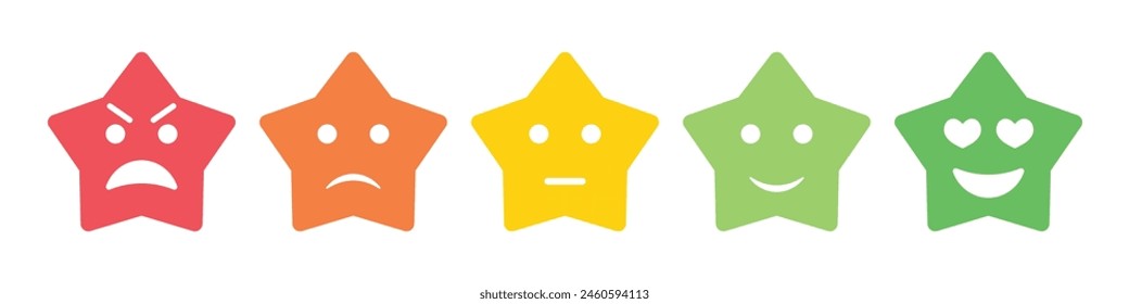 Rating emoji stars set with face for customer feedback or product experience in colored flat style.