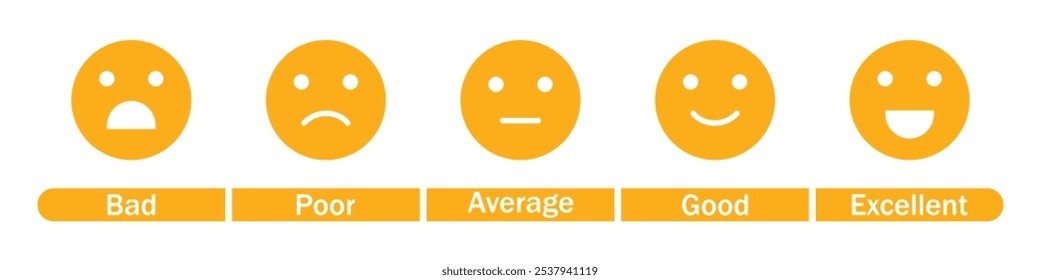 Rating emoji vector icon set. Feedback rating emoji icon set isolated. Rating emoji emotion levels. Five facial expression of feedback sign symbol. Vector illustration.