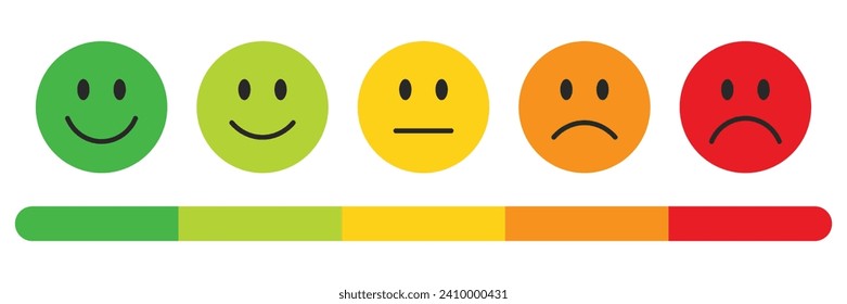 Rating emojis set colour with a rating scale. Feedback emoticons collection. Very happy, happy, neutral, sad and very sad emojis with a rating scale.